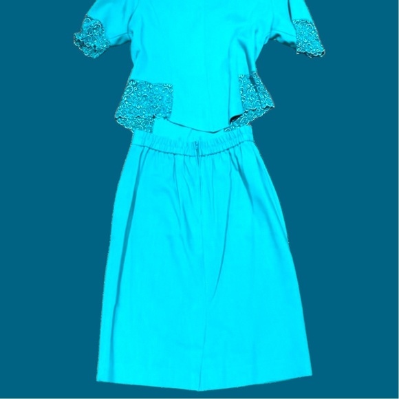 VINTAGE SL Fashions 2-piece skirt suit SET teal turquoise lace blazer 70s 80s - Picture 10 of 16